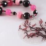 Pink And Black Cherry Blossom Beaded Necklace With..