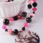 Pink And Black Cherry Blossom Beaded Necklace With..