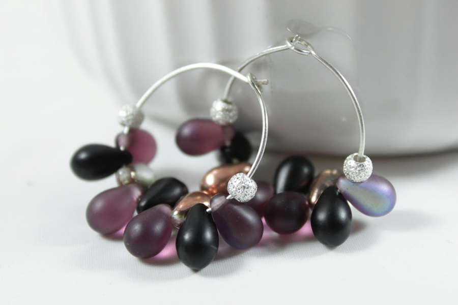 Purple Frosted Glass And Sterling Silver Hoop Earrings