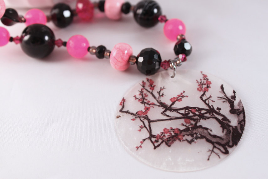 Pink And Black Cherry Blossom Beaded Necklace With Matching Earrings