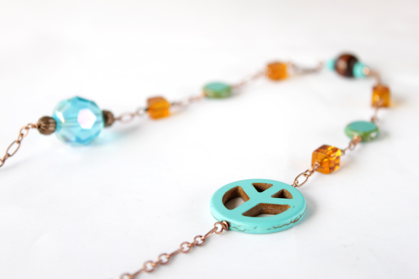 Turquoise Color Peace Sign Necklace With Copper Chain